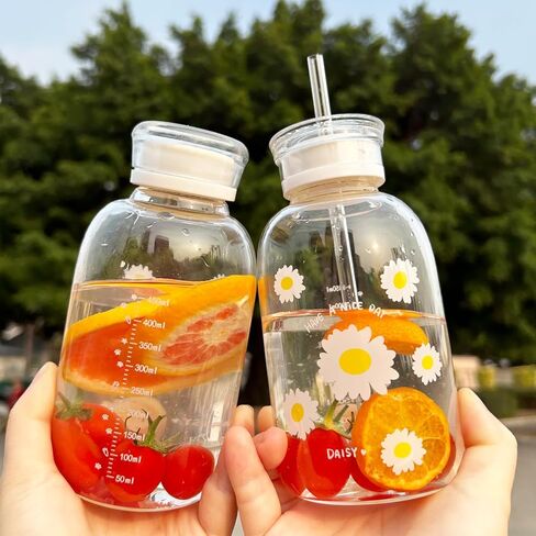 480ml Milk Juice Cute Water Bottle with Scale 2 Lids Little daisy Matte Portable Transparent Water Cup Glass Bottles Creative Handy Cup (1Pcs Six Flowers) in Saudi Arabia