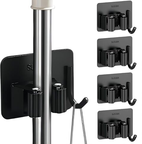 Mop Broom Holder No Drill StainlessSteel, Mop Broom Organizer Wall Mounted Heavy Duty with Hooks Hanger, Anti-Slip Command Broom Holder Wall Mount，Self Adhesive 4Pcs for Bathroom, Kitchen, Office in Saudi Arabia