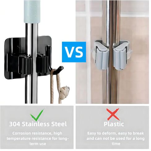 Mop Broom Holder No Drill StainlessSteel, Mop Broom Organizer Wall Mounted Heavy Duty with Hooks Hanger, Anti-Slip Command Broom Holder Wall Mount，Self Adhesive 4Pcs for Bathroom, Kitchen, Office in Saudi Arabia