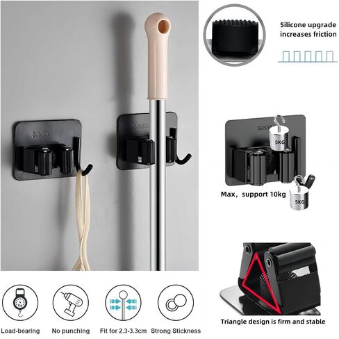 Mop Broom Holder No Drill StainlessSteel, Mop Broom Organizer Wall Mounted Heavy Duty with Hooks Hanger, Anti-Slip Command Broom Holder Wall Mount，Self Adhesive 4Pcs for Bathroom, Kitchen, Office in Saudi Arabia