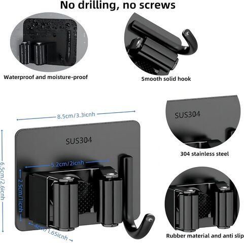 Mop Broom Holder No Drill StainlessSteel, Mop Broom Organizer Wall Mounted Heavy Duty with Hooks Hanger, Anti-Slip Command Broom Holder Wall Mount，Self Adhesive 4Pcs for Bathroom, Kitchen, Office in Saudi Arabia
