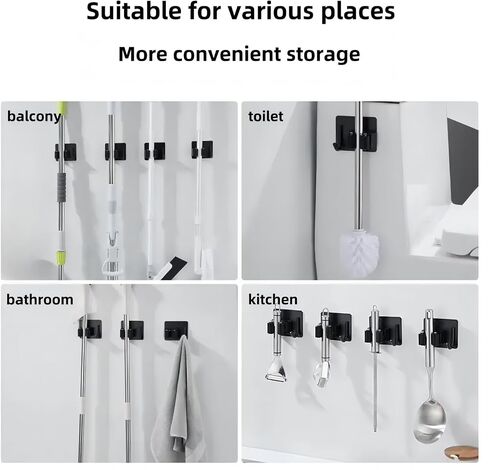 Mop Broom Holder No Drill StainlessSteel, Mop Broom Organizer Wall Mounted Heavy Duty with Hooks Hanger, Anti-Slip Command Broom Holder Wall Mount，Self Adhesive 4Pcs for Bathroom, Kitchen, Office in Saudi Arabia