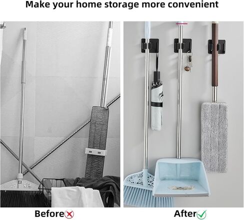 Mop Broom Holder No Drill StainlessSteel, Mop Broom Organizer Wall Mounted Heavy Duty with Hooks Hanger, Anti-Slip Command Broom Holder Wall Mount，Self Adhesive 4Pcs for Bathroom, Kitchen, Office in Saudi Arabia