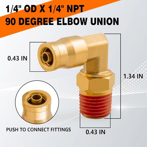 1/4 "الكوع الاتحاد DOT النحاس دفع لتوصيل تركيبات خط الهواء، 1/4" OD أنبوب x1/4 "NPT 90 درجة الاتحاد قطب الكوع خط الفرامل الهواء موصلات تركيب سريع لمقطورات الشاحنات أو نظام الهواء الصناعة (5PCS) in Kuwait