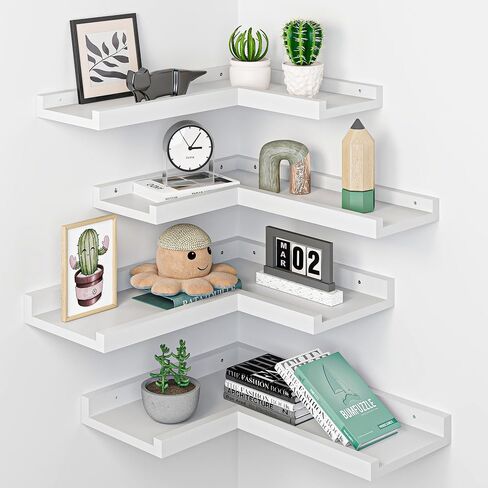 Floating Corner Shelves with Lip, 4 Tier Modern White Corner Wall Shelves, Wooden Corner Floating Ledge Shelves Wall Mounted for Wall Decor, L Shaped Corner Shelf for Living Room, Bedroom, Bathroom in Saudi Arabia