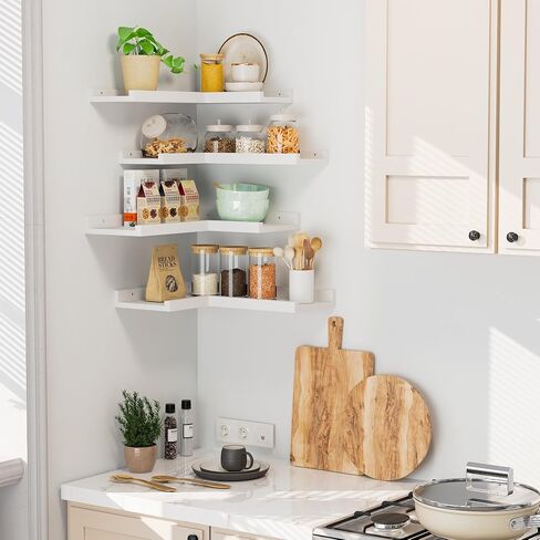 Floating Corner Shelves with Lip, 4 Tier Modern White Corner Wall Shelves, Wooden Corner Floating Ledge Shelves Wall Mounted for Wall Decor, L Shaped Corner Shelf for Living Room, Bedroom, Bathroom in Saudi Arabia