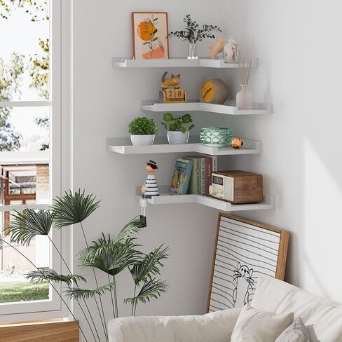 Floating Corner Shelves with Lip, 4 Tier Modern White Corner Wall Shelves, Wooden Corner Floating Ledge Shelves Wall Mounted for Wall Decor, L Shaped Corner Shelf for Living Room, Bedroom, Bathroom in Saudi Arabia