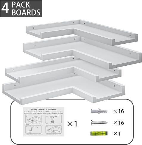 Floating Corner Shelves with Lip, 4 Tier Modern White Corner Wall Shelves, Wooden Corner Floating Ledge Shelves Wall Mounted for Wall Decor, L Shaped Corner Shelf for Living Room, Bedroom, Bathroom in Saudi Arabia