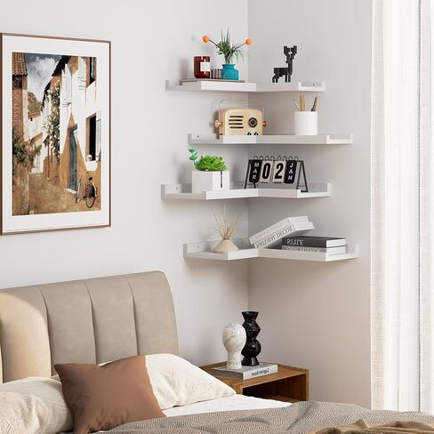 Floating Corner Shelves with Lip, 4 Tier Modern White Corner Wall Shelves, Wooden Corner Floating Ledge Shelves Wall Mounted for Wall Decor, L Shaped Corner Shelf for Living Room, Bedroom, Bathroom in Saudi Arabia