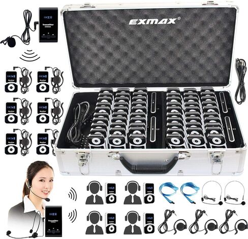 نظام نقل الصوت الصوتي للدليل السياحي اللاسلكي EXMAX ATG-100T 195 ميجاهرتز + علبة شحن من سبائك الألومنيوم لتعليم المرشدين السياحيين ومؤتمر السفر ومتحف السفر وكنيسة الحج (4 أجهزة إرسال و60 جهاز استقبال) in Saudi Arabia