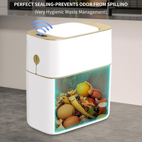 سلة مهملات الحمام JOYBOS مع غطاء تلقائي بدون لمس، سلة قمامة خصوصية رفيعة سعة 4 جالون مع مستشعر حركة وتصميم مقاوم للماء للحمام وغرفة النوم والمرحاض والمكتب باللون الأبيض مع الذهب in Kuwait