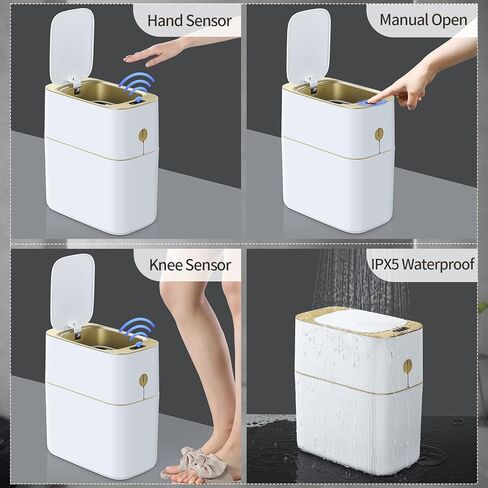 سلة مهملات الحمام JOYBOS مع غطاء تلقائي بدون لمس، سلة قمامة خصوصية رفيعة سعة 4 جالون مع مستشعر حركة وتصميم مقاوم للماء للحمام وغرفة النوم والمرحاض والمكتب باللون الأبيض مع الذهب in Kuwait