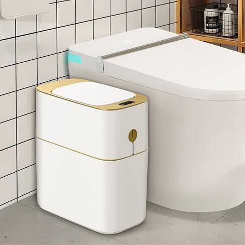 سلة مهملات الحمام JOYBOS مع غطاء تلقائي بدون لمس، سلة قمامة خصوصية رفيعة سعة 4 جالون مع مستشعر حركة وتصميم مقاوم للماء للحمام وغرفة النوم والمرحاض والمكتب باللون الأبيض مع الذهب in Kuwait
