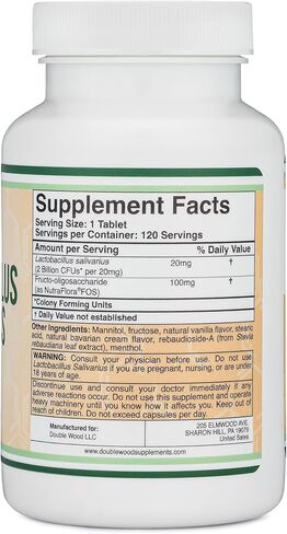 البروبيوتيك عن طريق الفم Lactobacillus Salivarius - أقراص الفانيليا لصحة الأسنان والأسنان واللثة - علاج شديد لرائحة الفم الكريهة للبالغين (120 عددًا، 2 مليار وحدة تشكيل مستعمرة لكل قرص 20 مجم) من Double Wood in Kuwait