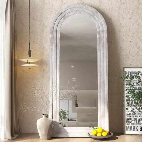 Arched Full Length Mirror with Solid Wood Frame, 65x22 Farmhouse Wall Mirror Full Length with Stand, Vertical Hanging, Leaning Standing for Bedroom, Living Room, Rustic White in Saudi Arabia