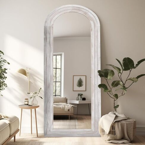 Arched Full Length Mirror with Solid Wood Frame, 65x22 Farmhouse Wall Mirror Full Length with Stand, Vertical Hanging, Leaning Standing for Bedroom, Living Room, Rustic White in Saudi Arabia