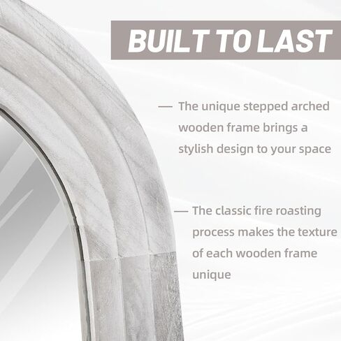Arched Full Length Mirror with Solid Wood Frame, 65x22 Farmhouse Wall Mirror Full Length with Stand, Vertical Hanging, Leaning Standing for Bedroom, Living Room, Rustic White in Saudi Arabia