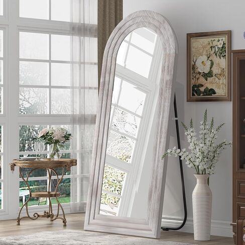 Arched Full Length Mirror with Solid Wood Frame, 65x22 Farmhouse Wall Mirror Full Length with Stand, Vertical Hanging, Leaning Standing for Bedroom, Living Room, Rustic White in Saudi Arabia