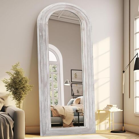 Arched Full Length Mirror with Solid Wood Frame, 65x22 Farmhouse Wall Mirror Full Length with Stand, Vertical Hanging, Leaning Standing for Bedroom, Living Room, Rustic White in Saudi Arabia
