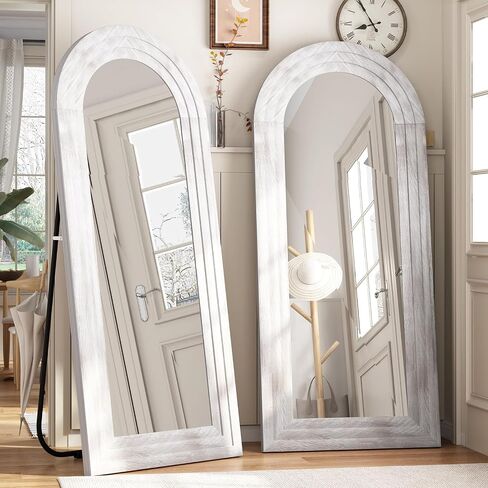 Arched Full Length Mirror with Solid Wood Frame, 65x22 Farmhouse Wall Mirror Full Length with Stand, Vertical Hanging, Leaning Standing for Bedroom, Living Room, Rustic White in Saudi Arabia