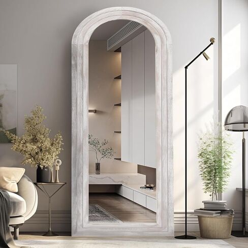 Arched Full Length Mirror with Solid Wood Frame, 65x22 Farmhouse Wall Mirror Full Length with Stand, Vertical Hanging, Leaning Standing for Bedroom, Living Room, Rustic White in Saudi Arabia