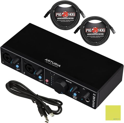 Arturia MiniFuse 2 Dual USB Audio Interface, Black Bundle with 2x Pig Hog PHM10 8mm 10ft XLR Microphone Cable and Liquid Audio Instrument Polishing Cloth - Portable Audio Interface for PC, Mac in Saudi Arabia