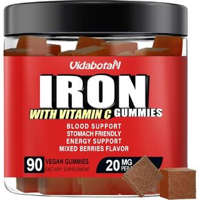 Sugar Free Iron Gummies for Women Men & Kids-Iron Supplement 20mg with Vitamin C for Iron Deficiency, No Rust Taste, Gentle Iron for Stomach, Mixed Berries Flavor, 90 Vegan Gummies.