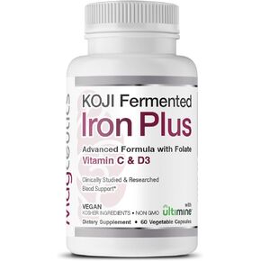 Koji Fermented Iron Plus, Stomach Friendly Advanced Formula with Folate, Vitamin C and D3, for Blood Support and Building - 60 Veg Capsules