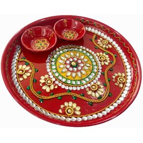 Auraecom Red Decorative Thali with Essential Pooja Articles for Aarti Pooja Rituals Festival Diwali Decorations & Home Decor Gifting in Kuwait