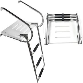 MARINE CITY 304 Stainless Steel 3 Step I/B Swim Platform Ladder - Telescoping Boat Ladder with Electro-Polished Rails and 3 Anti-Slip Footsteps - Ideal for Boats, Marines, Ships, Yachts