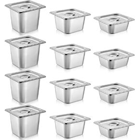 12 Pack Stainless Steel Hotel Pans with Lid 1/6 Size Steam Table Pan Anti Clogging Steamer Pan Restaurant Pans for Buffet Serving Commercial Catering Party, 2.5'' 4'' 6'' Deep, 6.9 x 6.5 Inch
