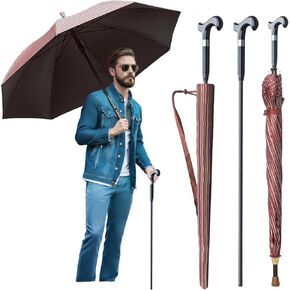Walking Cane Umbrella for Taller, Heavy Duty Stick Umbrella with Longer Carbon Fiber Cane, Large Walking Stick Umbrella Crutch Umbrella - Ideal Gift for Night Hiking Rainy (Red Stripe Extra Long)