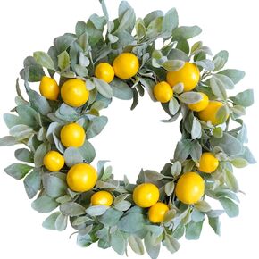18 Inch Yellow Lemon Spring Summer Wreath for Front Door, Lamb Ears Leaves with Artificial Lemon Door Wreath, Green Leaves Lemon Wreath for Indoor and Outdoor