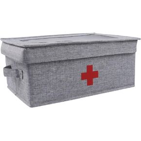 First Aid Medicine Box, Linen First Aid Kit Supplies Box, Medicine Storage Box Medicine Bag, Pill Bottle Organizer, First Aid Empty Box with Lid for Home & Travel Emergency Tool Set - Gray