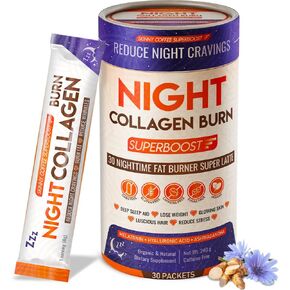 Night Collagen Burn for Men and Women, NightTime SuperLatte Fat Burner & Weight Loss Support, Deep Sleep, Appetite Suppressant, Skin, Hair, Nails & Joints Support (30 Packets)