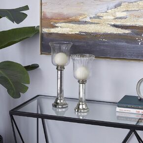 Deco 79 Glass Pillar Hurricane Lamp with Faux Mercury Glass Finish, Set of 2 12", 10"H, Silver