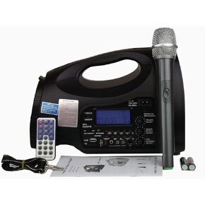 Hisonic SH-227 Rechargeable Portable PA System with Built-in Lithium Battery, 100-channel UHF Wireless Microphone, Music Player with Voice Recorder, FM Radio, 65 Watts, Color Black, Remote Control Included