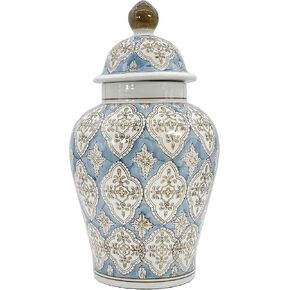 Galt International Dark Teal Parrot Floral Chinoiserie Ceramic Temple Jar 18" w/Lid - Ginger Jar Home & Kitchen Decor for Interior Design - Teal