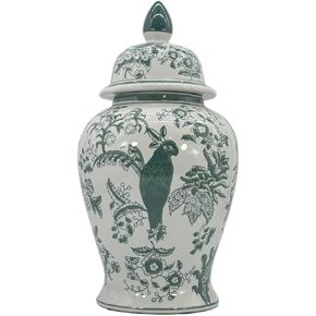 Galt International Dark Teal Parrot Floral Chinoiserie Ceramic Temple Jar 18" w/Lid - Ginger Jar Home & Kitchen Decor for Interior Design - Teal