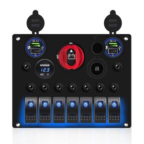 FXC Waterproof Marine Boat Rocker Switch Panel 7 Gang with ON-Off Power Battery Master Kill Switches, QC3.0 USB Socket + Cigarette Lighter +LED Voltmeter with 15A Overload Protection