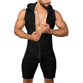 SOMTHRON Men's Jumpsuits One Piece Shorts Sleeveless Hooded Romper Tracksuit Zipper Drawstring Waist Slim Fit Onesie Bodysuit