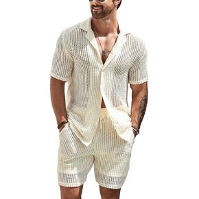 GORGLITTER Men's 2 Piece Outfit Hollow Out Short Sleeve Button Down Shirt Shorts Beach Set