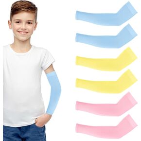 3Pairs Kids Arm Sleeves Thinly UV Sun Protection Cooling Arm Cover Compression Sleeves, Outdoor Sport Breathable Elastic Ice Sleeve for Youth Boys Girls (7-12 Years) (Pink&Blue&Yellow)