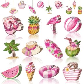 36 Pcs Summer Hawaiian Wood Hanging Ornaments Watermelon Flamingo Summer Beach Wooden Pendant Pink Hanging Decorations for Tree Wooden Ornament for Summer Holiday Party