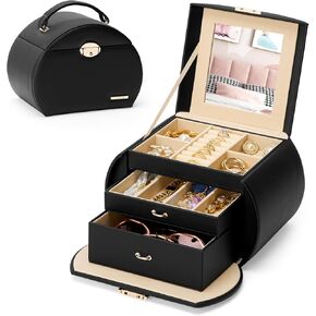 Homde Girls Jewelry Box Jewelry Storage Case Organizer with Mirror for Rings, Earrings, Bracelets, Necklaces (Blue - Pink Gradient + Gold)