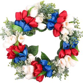 ChamBay 4th of July Decorations, 18 Inch Patriotic Wreath with Red White and Blue Artificial Tulip, Patriotic Wreaths for Front Door Outdoor, 4th of July Front Door Wreath for Patriotic Decorations