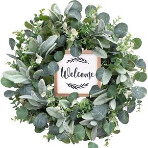 إكليل الأوكالبتوس الاصطناعي الأخضر من bibelot للباب الأمامي، إكليل ربيعي وصيف مقاس 45.72 سم مع علامة ترحيب لديكور مزرعة الشرفة الداخلية والخارجية in Kuwait