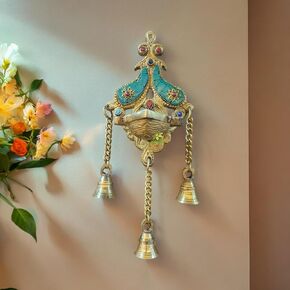 Aakrati Wall Hanging Deepak with 3 Bells| Wall Diya with Bells Made of Brass Metal| Wall Décor| Indian showpiece for Gift|(Multicolor)