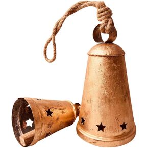 Rustic Decorative Bells Set of 2 - Giant Harmony Cow Bells Huge | Handmade Vintage Christmas Bells Golden Cowbell Country Style Jute Rope Hanging Bell Wall Decor (2X Harmony Bells 8"-6")