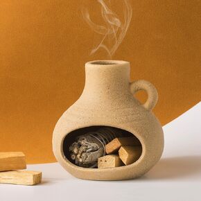 3 in 1 Holder Burner, Modern Chiminea Incense Burner for Palo Santo Sticks Cones Sage Bundles, Ceramic Smudge Bowl, Meditation Yoga Home Decor (Beige)